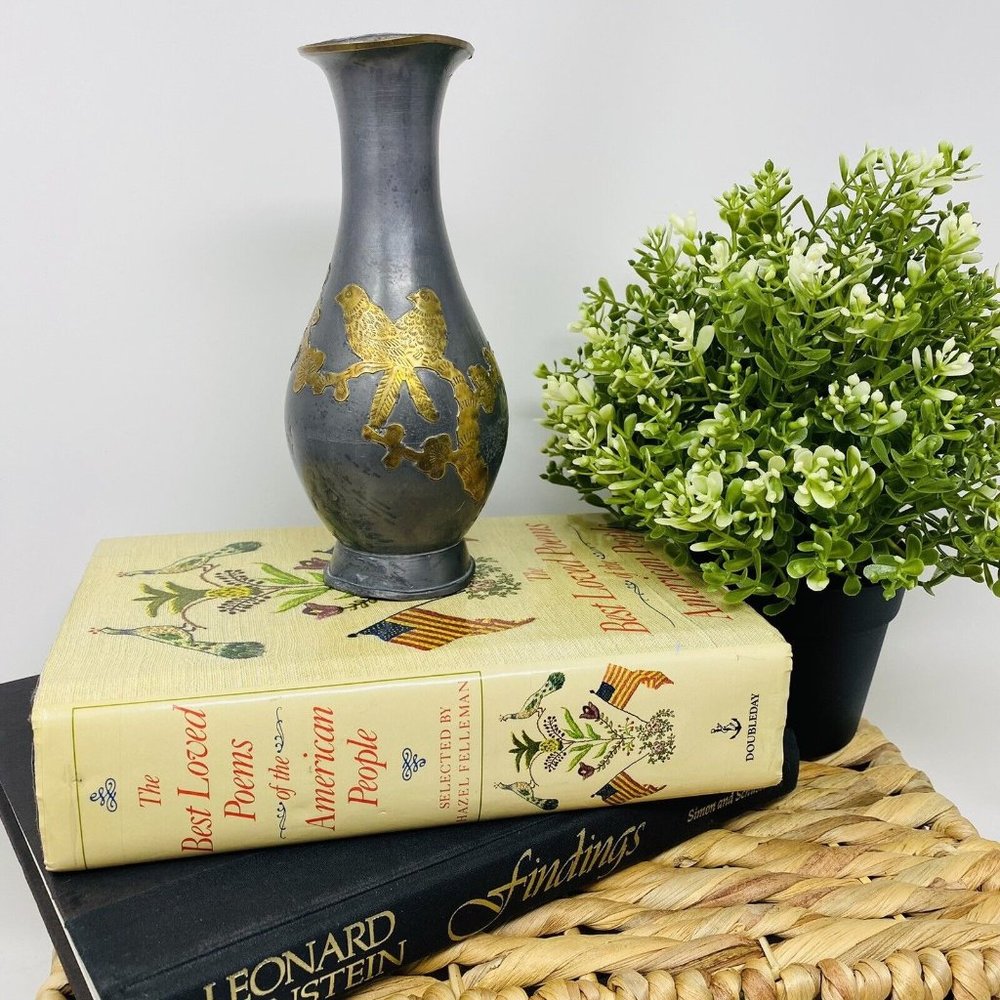Antique Chinese Pewter Vase With  Brass Inlaid Plum Blossom Tree and Birds 7” H